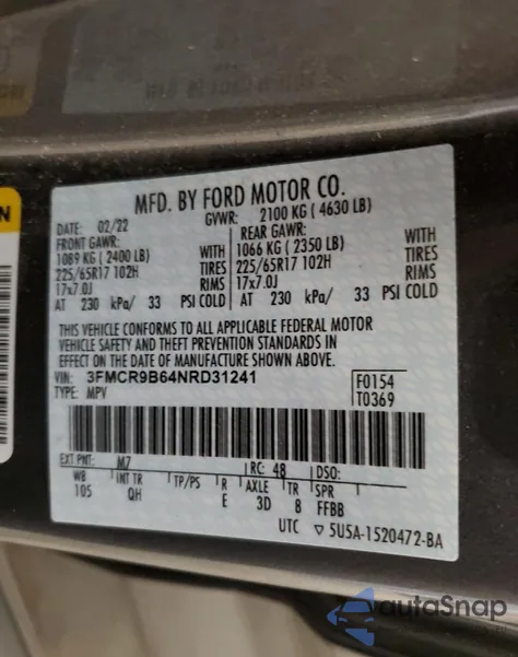 2022 Ford Bronco Sport Big Bend из США, поврежденный, VIN 3FMCR9B64NRD31241